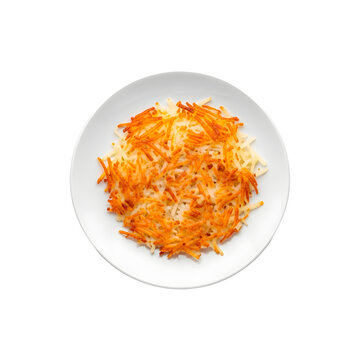 Hash browns served on a white round plate top
