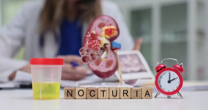Anatomical model of kidney stands on desk near container filled with urine. Doctor examines ultrasound images. Wooden cubes form word Nocturia