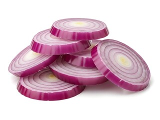 Stack of freshly sliced red onion rings showing bright purple and white concentric layers on a white background.