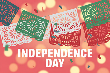 Festive Mexican Independence Day celebration with vibrant papel picado banners and confetti, perfect for cultural events and patriotic designs