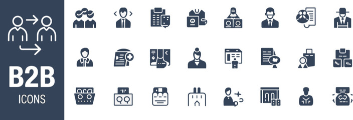 B2B icons set, business-to-business symbols, professional communication graphics, flat vector illustration for corporate services and organizational interaction