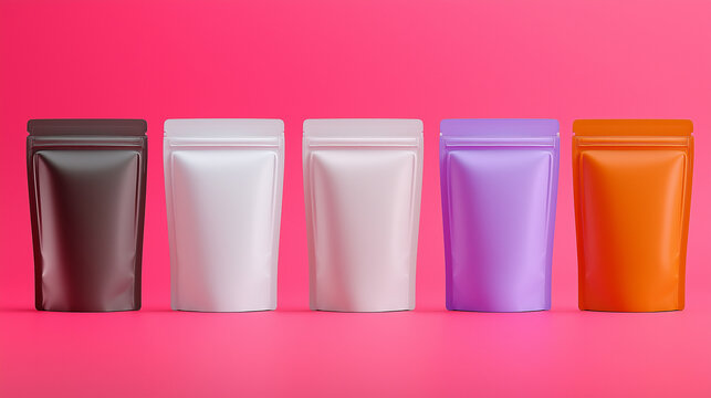 Colorful stand-up pouches mockup on vibrant pink background – packaging design template