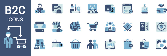 B2C icons set, customer interaction symbols, shopping and marketing graphics, flat vector illustration for business-to-consumer communication and services