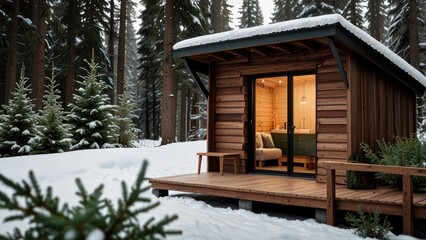 log cabin in winter
