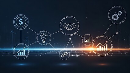 Futuristic digital network concept visualizing business growth, financial strategy, innovation, and interconnected solutions in a modern technological landscape