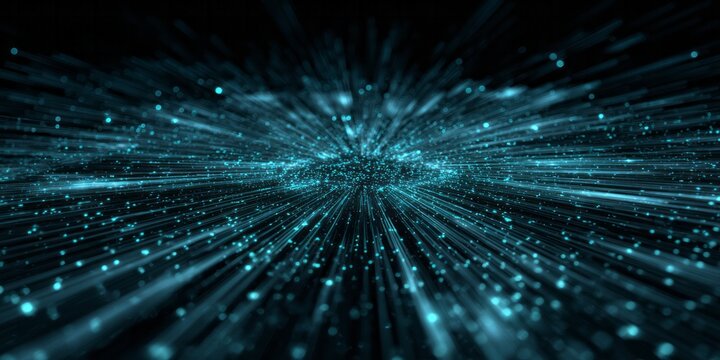 Glowing blue particles stream outward from a central point in a dark digital space