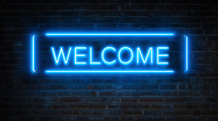 Obraz premium A glowing neon sign that says WELCOME on a brick wall, conveying a friendly message