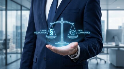 Lawyer hand presenting scale hologram with law regulation and data compliance symbol in modern office environment, digital justice balance concept in business technology setting