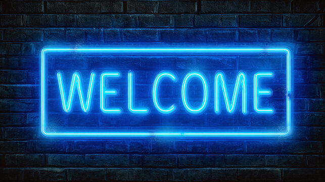 A neon sign that says welcome, a vibrant greeting glowing brightly against a brick wall. This image is perfect for any project related to hospitality. 