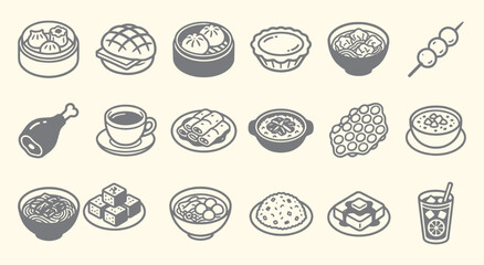 Hong Kong Food. Dim Sum. Icon Set. A gray vector line art collection of traditional Hong Kong dishes and drinks for a restaurant menu, a travel guide, or a food blog graphic design.