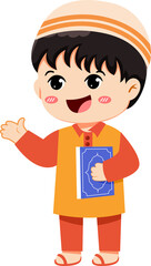 Cartoon of a happy young Muslim boy in traditional attire holding the holy Quran.