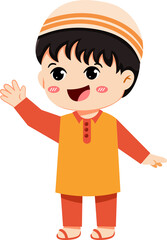 A cute cartoon Muslim boy wearing a traditional orange outfit and a kufi cap while waving happily.