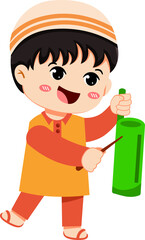 A happy cartoon Muslim boy playing a traditional bamboo instrument with a stick.