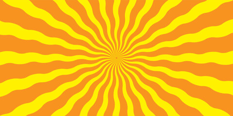 Swirling radial ice cream background. Orange groovy vortex spiral twirl. Twirl sunburst psychedelic pattern. Orange lollipop texture. Swirl candy background. Vector illustration.