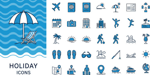 Holiday icons set, travel and vacation symbols, flat vector illustration for tourism, leisure, beach activities, and global adventures