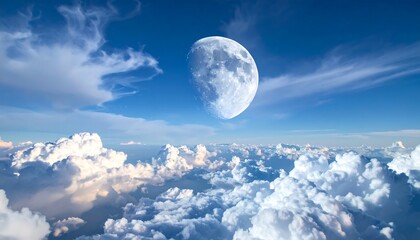 Daytime moon hovers above fluffy white clouds against a bright blue sky