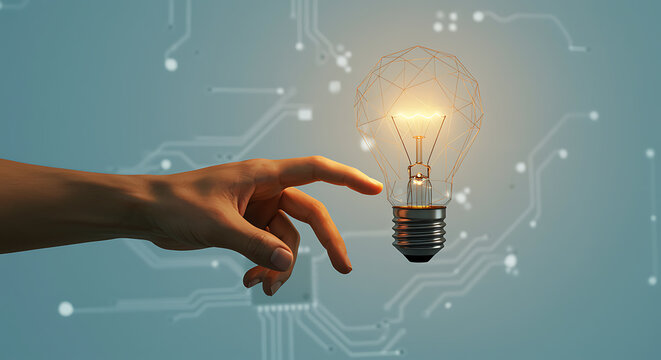 Hand touching a light bulb with geometric wireframe on circuit b - Powered by Adobe