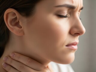 Woman holding throat in pain, discomfort, and stress