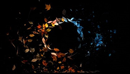 Colorful autumn leaves swirl in a dark, dynamic vortex