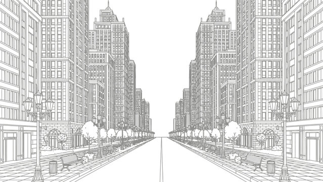 A detailed black and white architectural line drawing of a city street with a one-point perspective view.