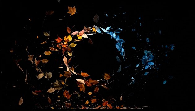 Colorful autumn leaves swirl in a dark, dynamic vortex