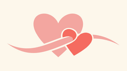 Two intertwined hearts, one larger pink and one smaller red, with flowing pink ribbons.