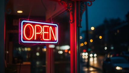 Red neon open sign glowing brightly against a dark city street background