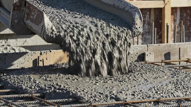 Construction Site Wet Concrete Pouring From Truck Chute Into Foundation Reinforcement With Wooden Formwork Background Daytime Outdoor Natural Lighting