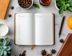 Cozy morning planning session with coffee beans, succulent plants, and a stylish open notebook ready for your inspiring ideas and creative writing