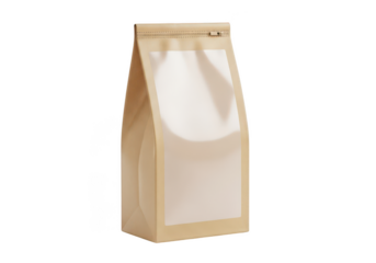 Kraft paper food pouch with clear window on transparent background
