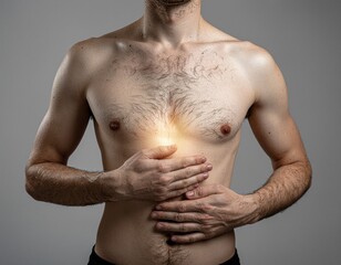 Man experiencing intense stomach pain, clutching abdomen for relief, healthcare awareness, focus on digestive health, perfect for medical brochures and campaigns