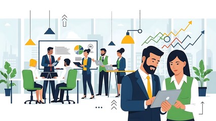 Diverse team of business professionals collaborating in a modern office, analyzing data on charts and graphs for company growth