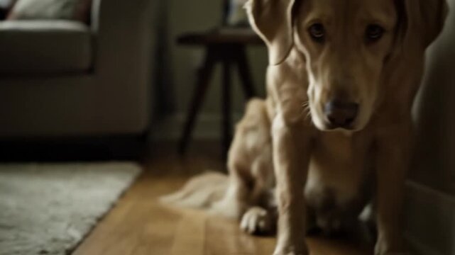 Funny guilty dog sitting next to a mess it made