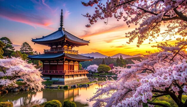 japanese temple at sunset - Powered by Adobe
