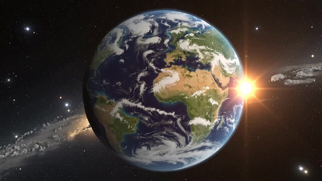 Realistic rotating Earth in outer space, showing detailed continents, clouds, and oceans with stars and nebulae in the background.