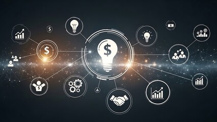 Digital business network connecting innovative ideas with strategic solutions and technological advancements, fostering global growth, collaboration, and enterprise development