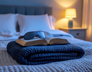 Cozy bedroom scene with open book and sleep mask on a plush blanket inviting relaxation and restful sleep, perfect for lifestyle and wellness campaigns