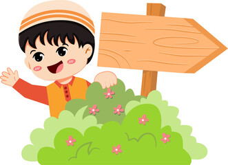 Cartoon of a boy wearing a kufi waving next to a bush and a wooden sign.