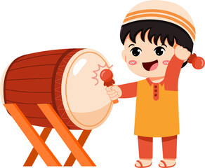 A cute cartoon Muslim boy in traditional clothing happily hitting a large bedug drum for a celebration.