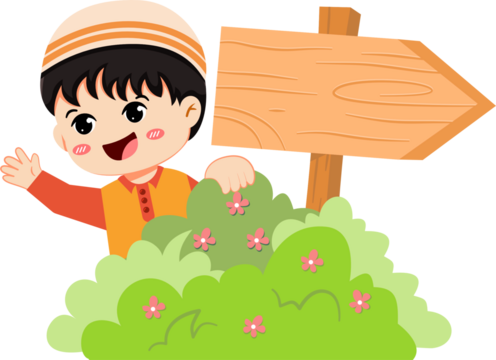 Cartoon of a boy wearing a kufi waving next to a bush and a wooden sign. - Powered by Adobe