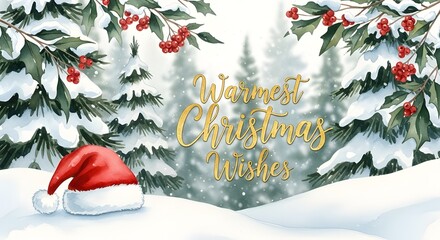 Winter landscape with Christmas wishes and Santa hat on snow  