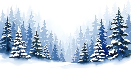 Snow-covered pine trees in serene winter landscape background  