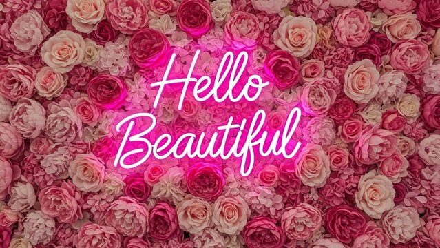 Neon sign saying hello beautiful against a dense wall of pink roses