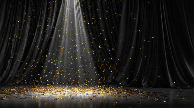 A dramatic spotlight illuminating a curtain with confetti on the floor. The scene creates a sense of anticipation and glamour