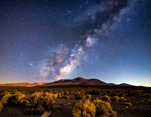 Dazzling Milky Way arcs over a vast, desolate landscape, with distant hills and low, desert vegetation in the foreground