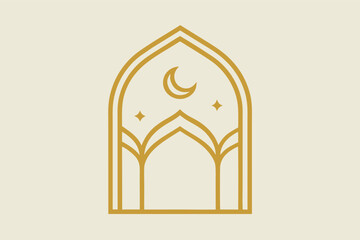Elegant Minimalist Islamic Arch Background with Gold Lines and Clouds, Vector Template for Ramadan and Eid