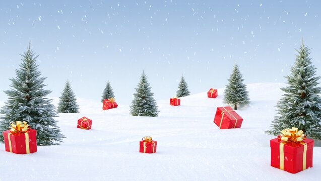 Snowy winter landscape with Christmas trees and red gift boxes