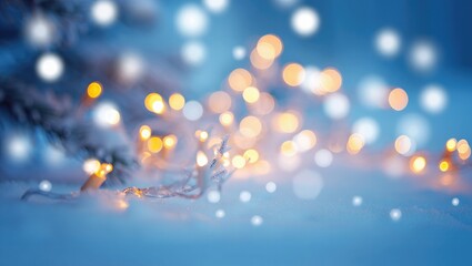 Soft focus winter lights on snow covered pine branch