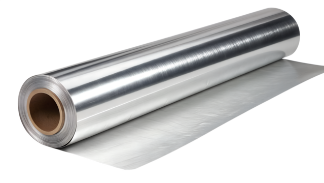 A large roll of shiny silver aluminum foil is gently unrolled, displaying its reflective metallic surface, isolated on a clear transparent background.