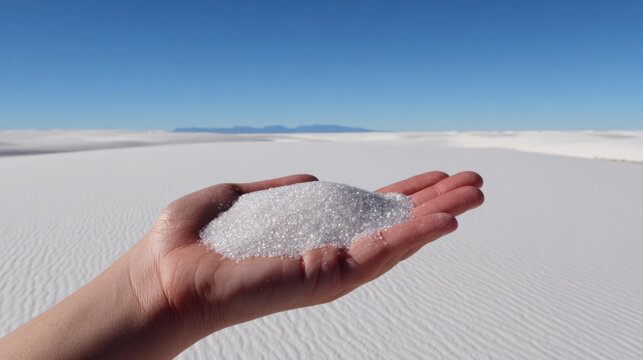 A hand holds a mound of fine, white sand against a backdrop of vast, white dunes under a clear blue sky.